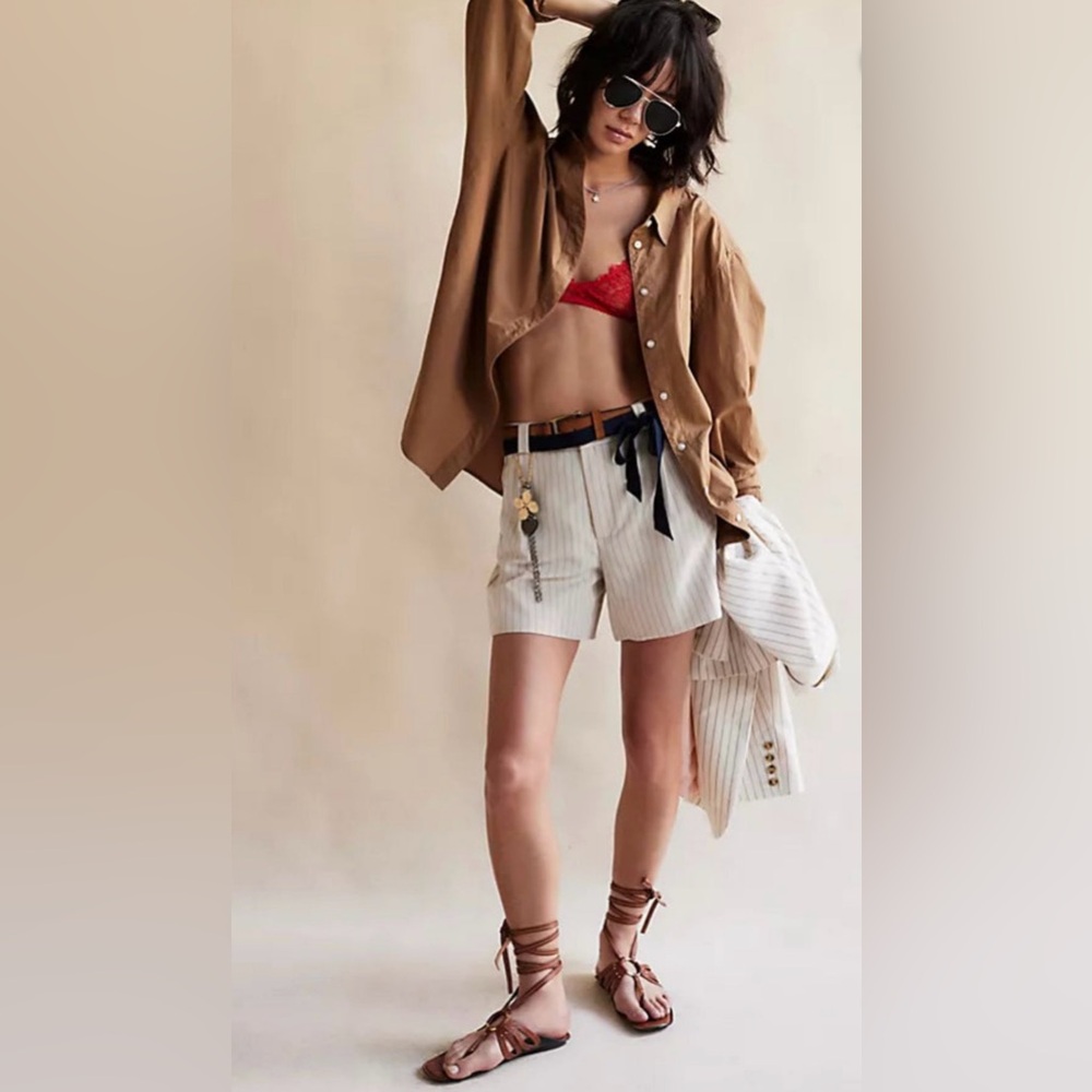 Free People NWT Perfect Prep Trouser Shorts Striped with Ribbon Belt.